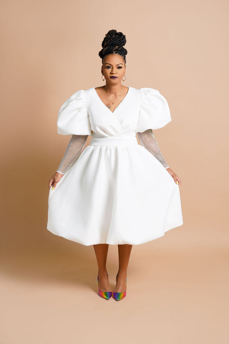 Cloud 9 - White Dress with Bling Sheer Sleeve