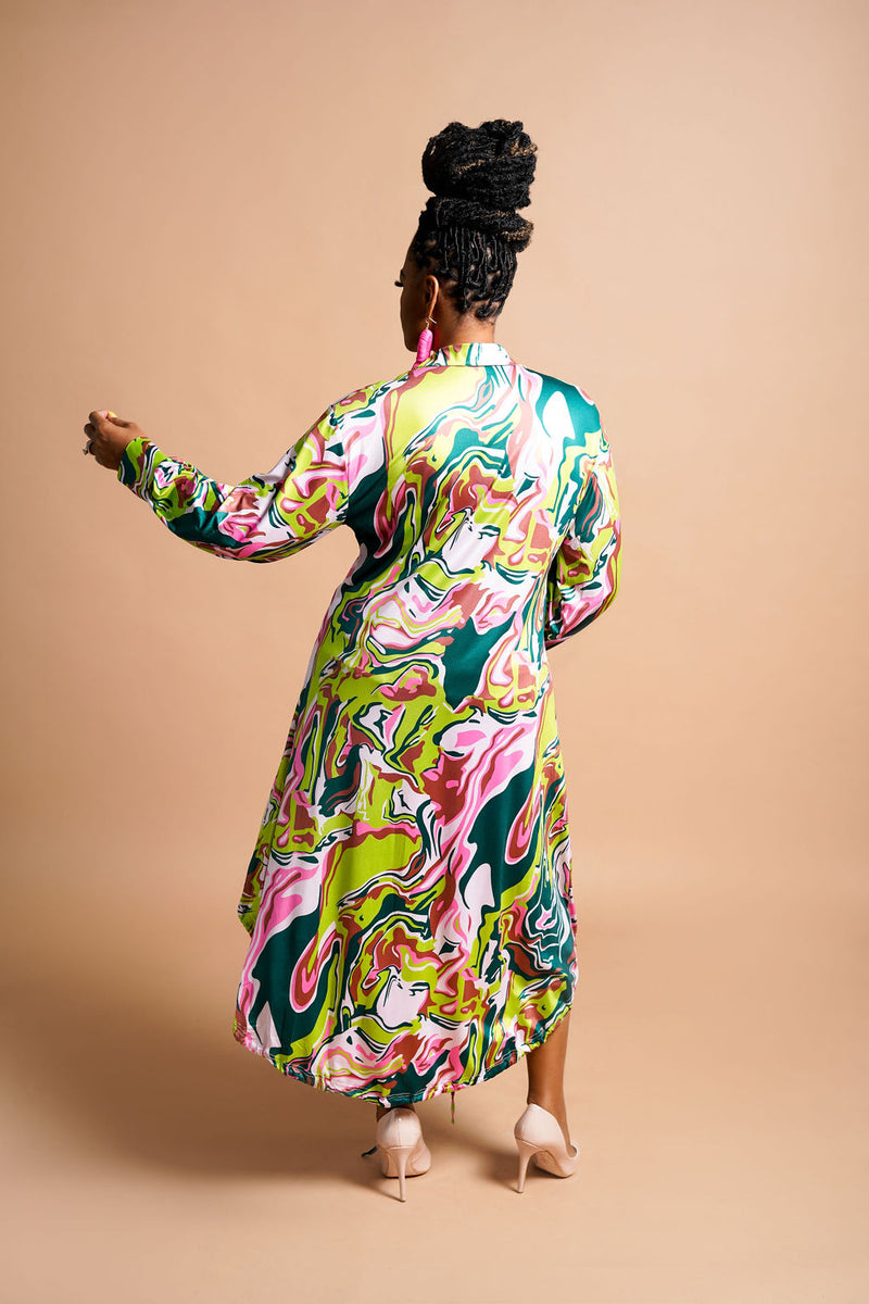 Pink & Green Mural High-Low Shirt Dress